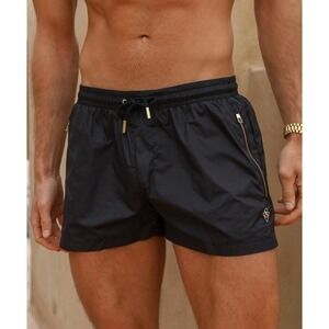 SINK Swimwear Mens Signature Black Swim Shorts Gold Zip Luxury Resort Wear L NWT